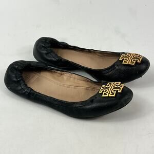 Tory Burch Melinda Black 6.5M Leather Ballet Flats Pebbled Leather Gold Logo